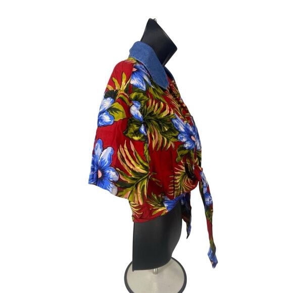 Hawaiian Crop Top Tie Front Button Tropical Cruise Beach M Red Boho Vintage - Picture 8 of 11
